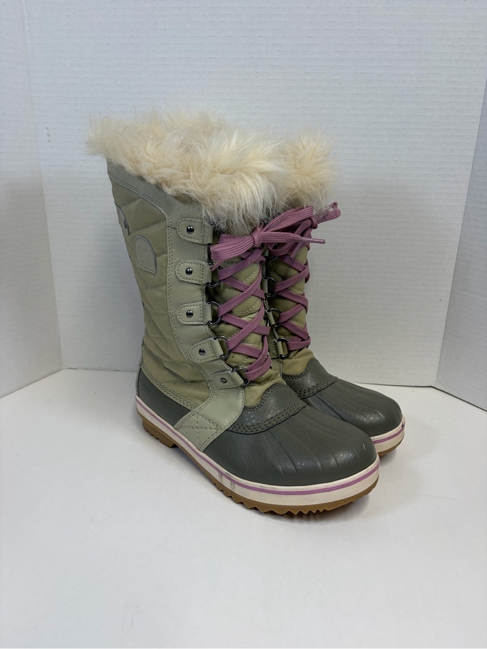 Sorel Olive and Pink Lace-Up Waterproof Winter Boots with Faux Fur Cuff